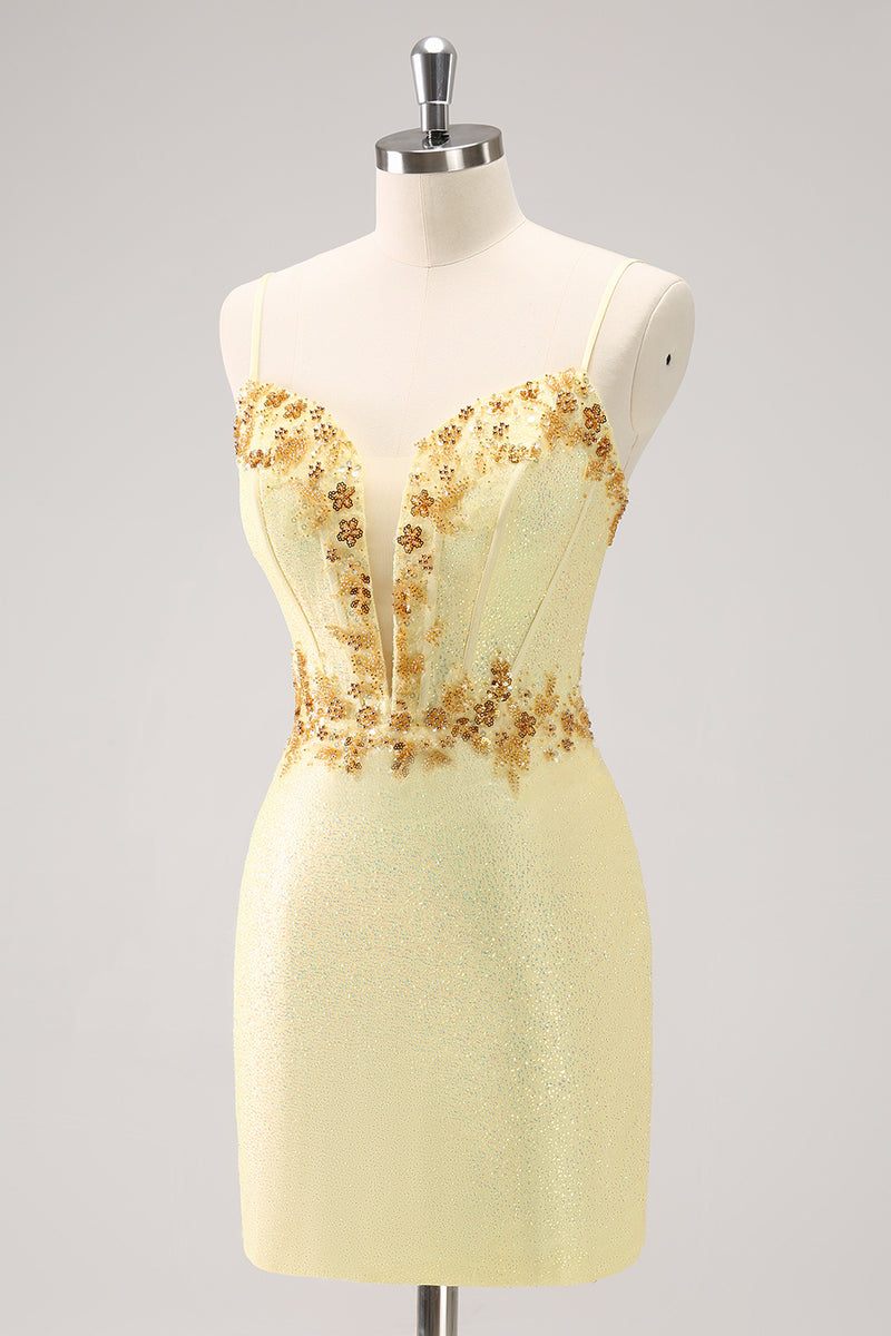 Load image into Gallery viewer, Sparkly Yellow Spaghetti Straps Tight Homecoming Dress with Sequins