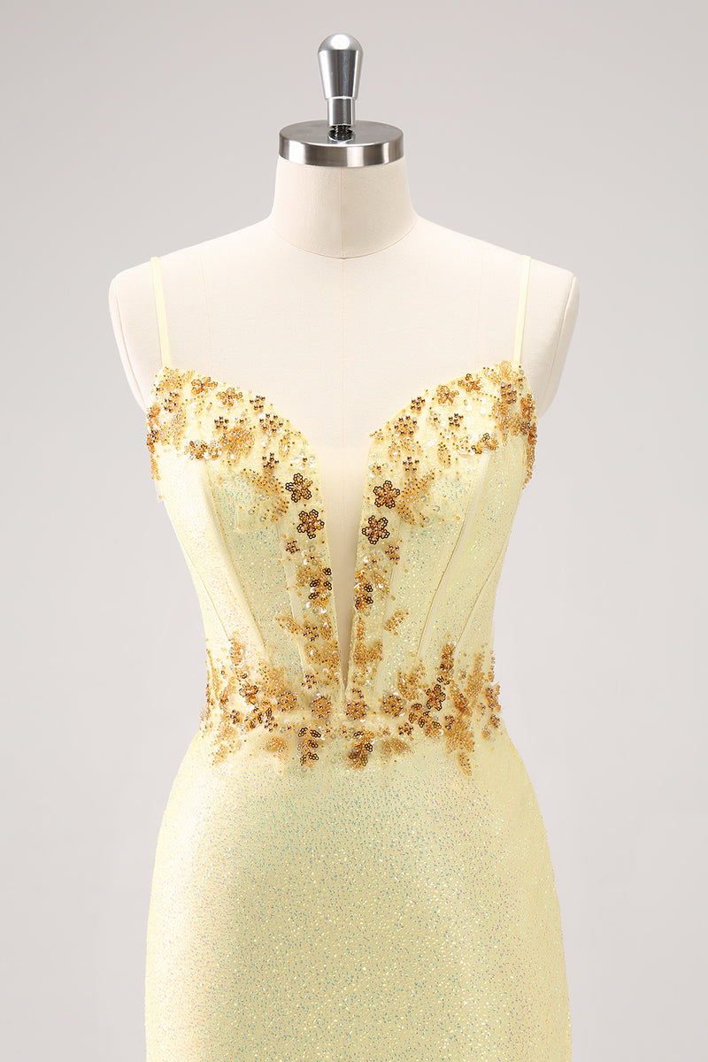 Load image into Gallery viewer, Sparkly Yellow Spaghetti Straps Tight Homecoming Dress with Sequins