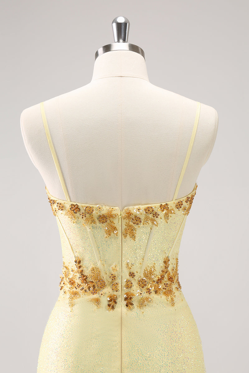 Load image into Gallery viewer, Sparkly Yellow Spaghetti Straps Tight Homecoming Dress with Sequins