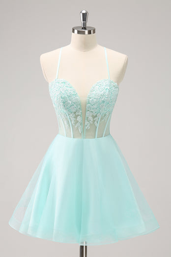 Green A-Line Spaghetti Straps Corset Short Homecoming Dress