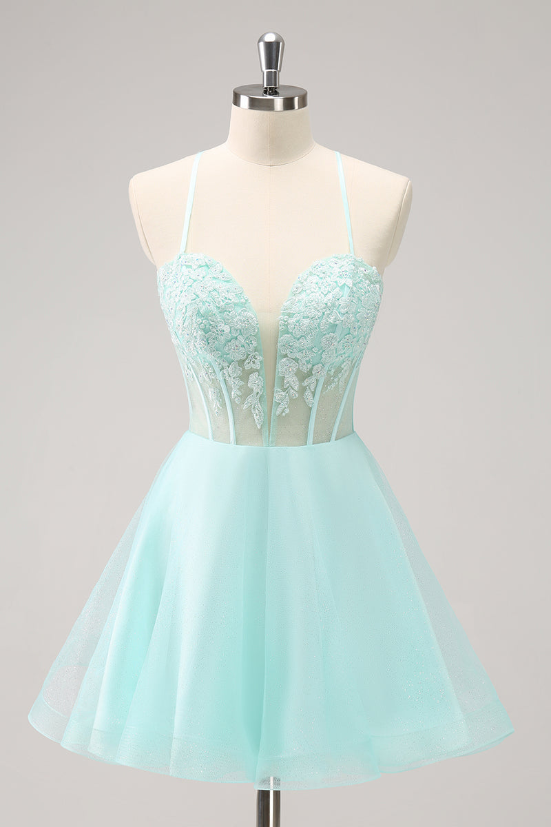 Load image into Gallery viewer, Green A-Line Spaghetti Straps Corset Short Homecoming Dress