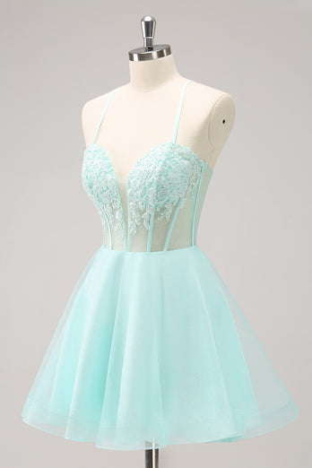 Green A-Line Spaghetti Straps Corset Short Homecoming Dress