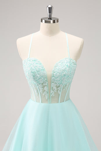 Green A-Line Spaghetti Straps Corset Short Homecoming Dress