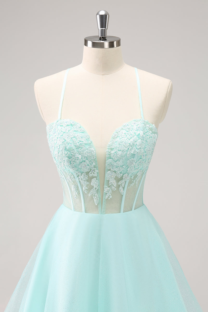 Load image into Gallery viewer, Green A-Line Spaghetti Straps Corset Short Homecoming Dress