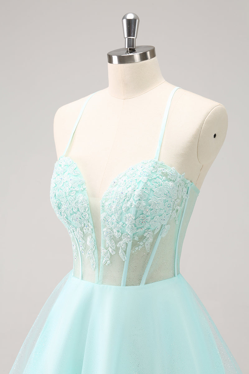 Load image into Gallery viewer, Green A-Line Spaghetti Straps Corset Short Homecoming Dress