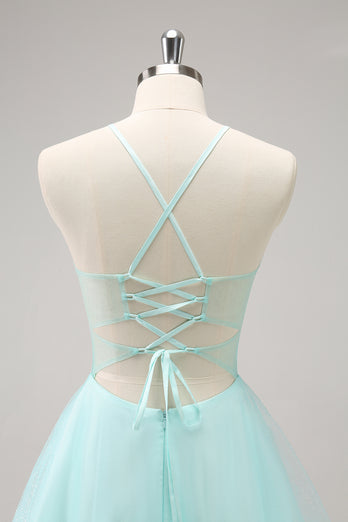 Green A-Line Spaghetti Straps Corset Short Homecoming Dress