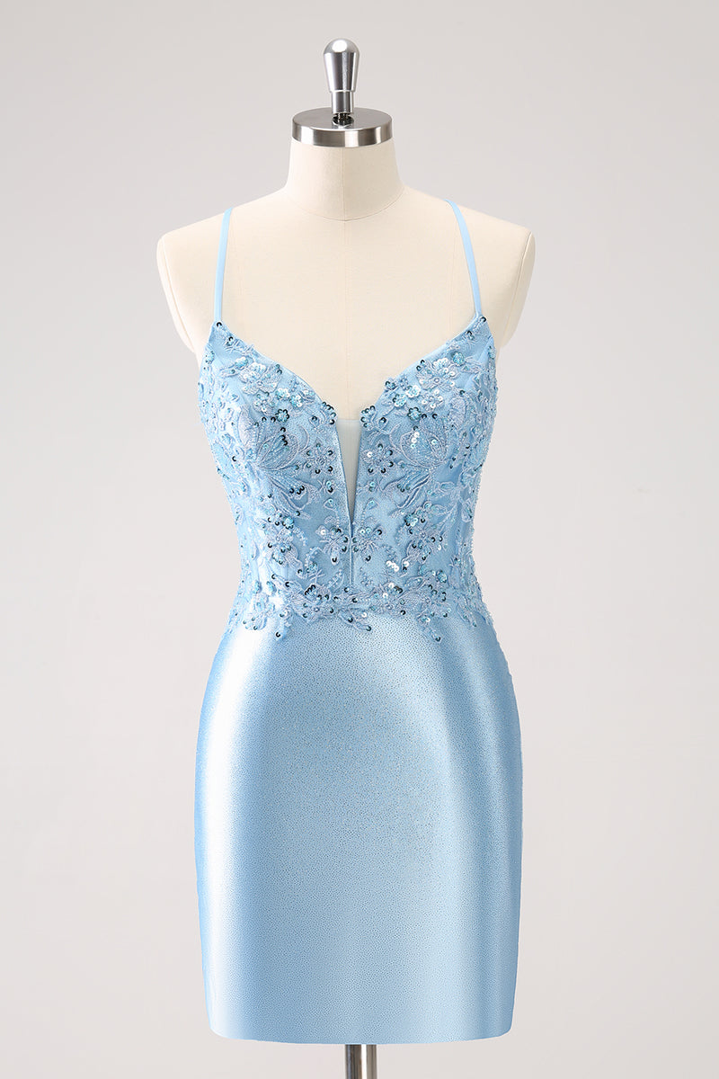 Load image into Gallery viewer, Blue Spaghetti Straps Tight Short Homecoming Dress with Appliques