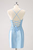 Load image into Gallery viewer, Blue Spaghetti Straps Tight Short Homecoming Dress with Appliques