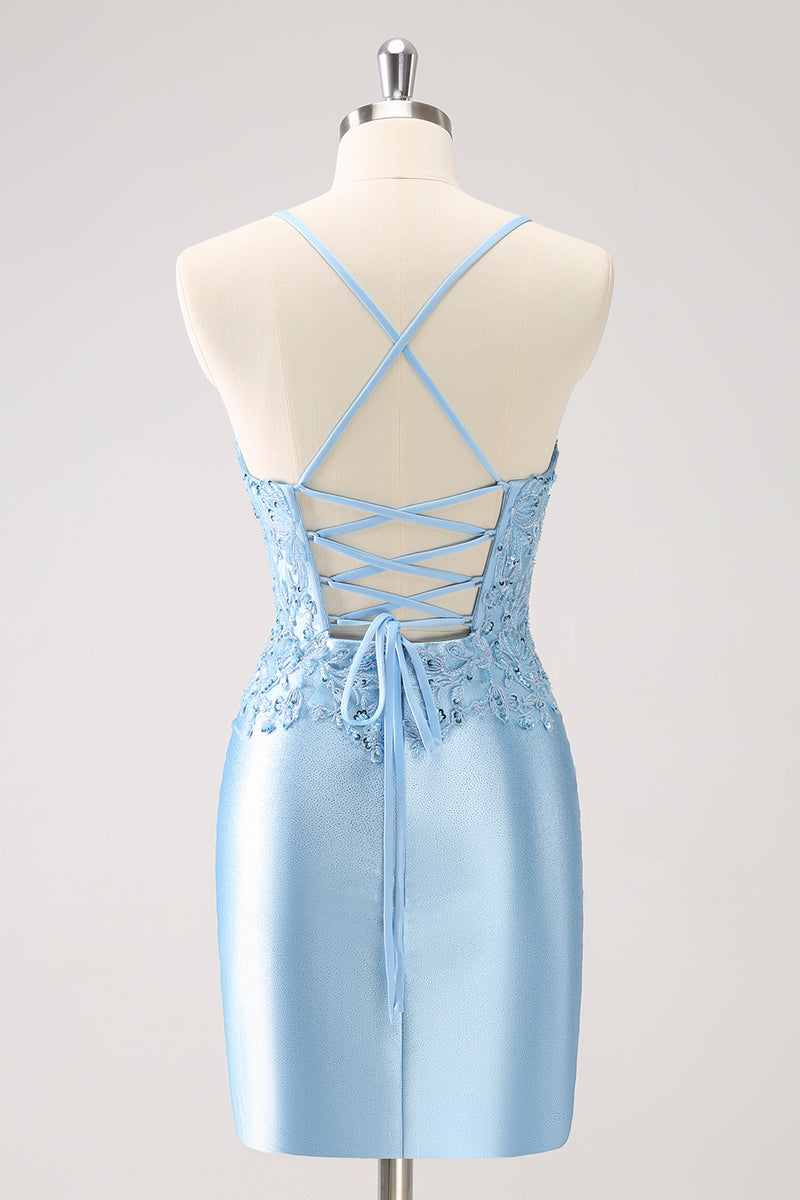 Load image into Gallery viewer, Blue Spaghetti Straps Tight Short Homecoming Dress with Appliques