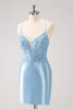 Load image into Gallery viewer, Blue Spaghetti Straps Tight Short Homecoming Dress with Appliques