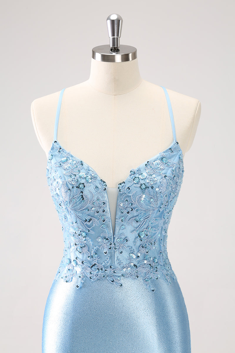 Load image into Gallery viewer, Blue Spaghetti Straps Tight Short Homecoming Dress with Appliques