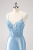 Load image into Gallery viewer, Blue Spaghetti Straps Tight Short Homecoming Dress with Appliques