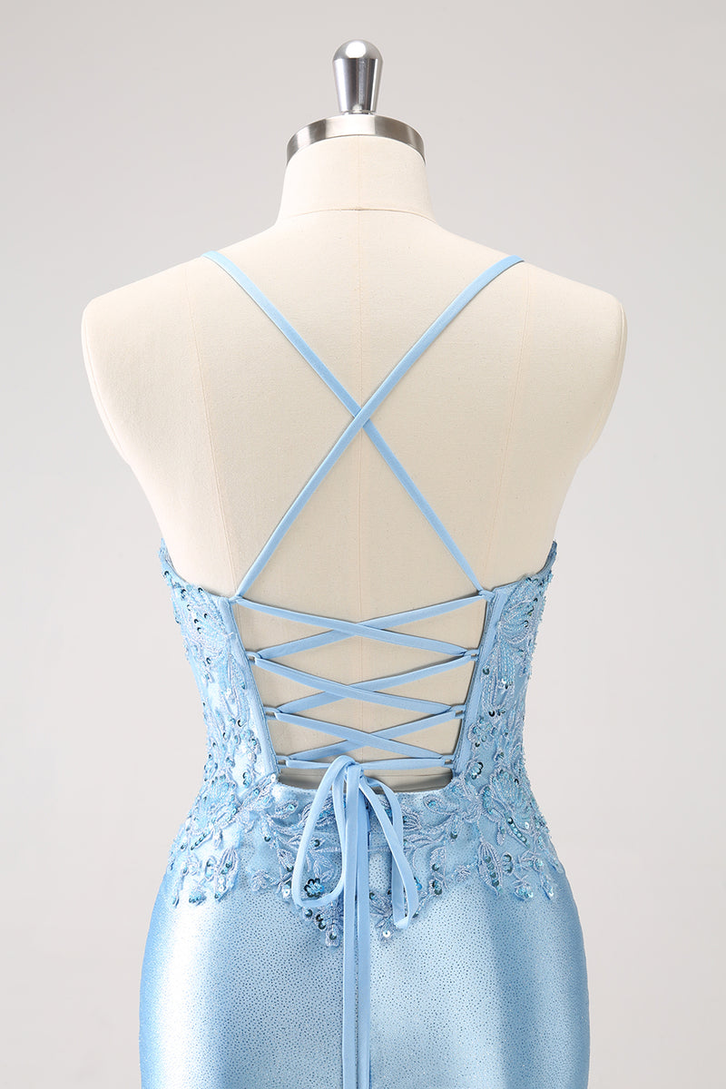 Load image into Gallery viewer, Blue Spaghetti Straps Tight Short Homecoming Dress with Appliques