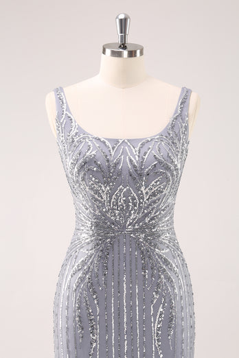 Sparkly Grey Square Neck Tight Short Homecoming Dress with Sequins