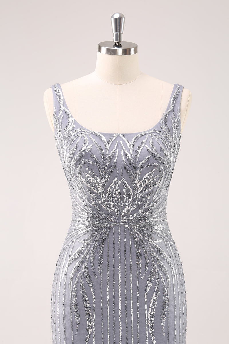 Load image into Gallery viewer, Sparkly Grey Square Neck Tight Short Homecoming Dress with Sequins