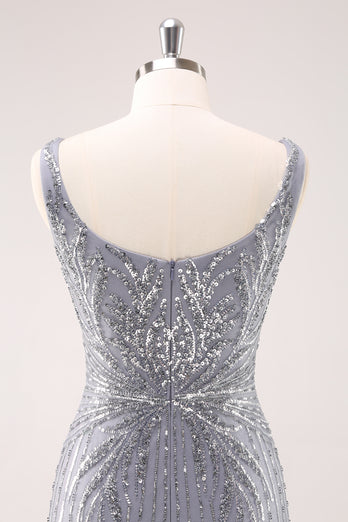 Sparkly Grey Square Neck Tight Short Homecoming Dress with Sequins