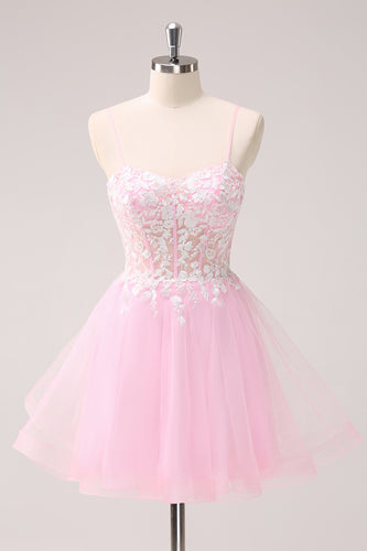 A-Line Pink Spaghetti Straps Short Homecoming Dress with Appliques