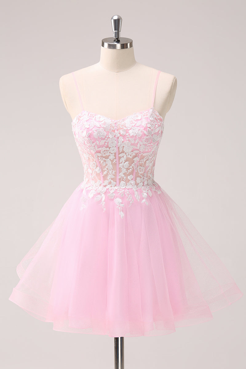 Load image into Gallery viewer, A-Line Pink Spaghetti Straps Short Homecoming Dress with Appliques