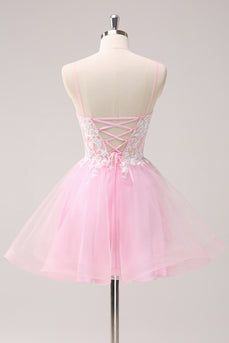 A-Line Pink Spaghetti Straps Short Homecoming Dress with Appliques