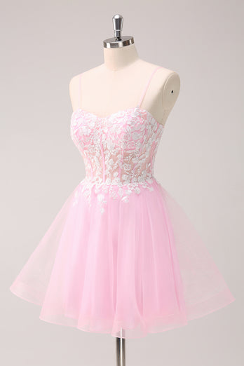 A-Line Pink Spaghetti Straps Short Homecoming Dress with Appliques