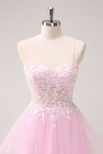 A-Line Pink Spaghetti Straps Short Homecoming Dress with Appliques