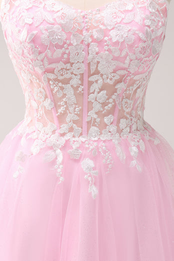 A-Line Pink Spaghetti Straps Short Homecoming Dress with Appliques