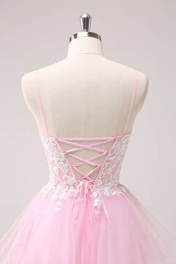 A-Line Pink Spaghetti Straps Short Homecoming Dress with Appliques