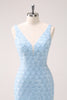 Load image into Gallery viewer, Sparkly Blue V-Neck Asymmetrical Short Homecoming Dress