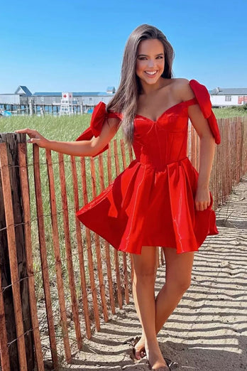 Red A-Line Off The Shoulder Corset Short Homecoming Dress