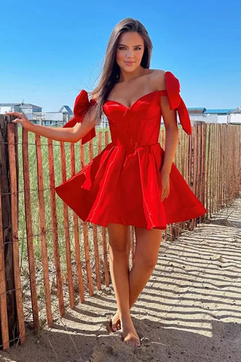 Red A-Line Off The Shoulder Corset Short Homecoming Dress