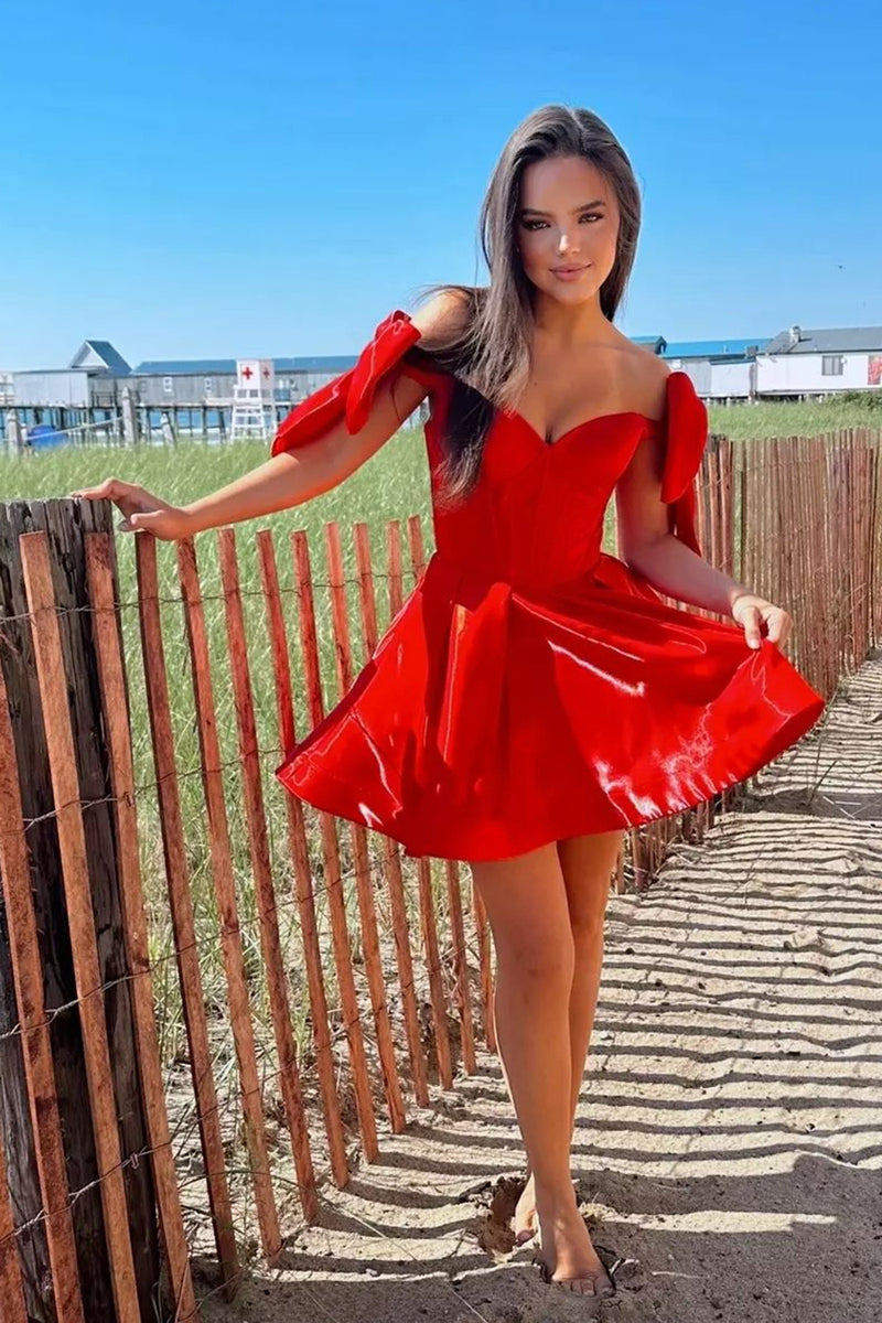 Load image into Gallery viewer, Red A-Line Off The Shoulder Corset Short Homecoming Dress