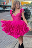 Load image into Gallery viewer, Fuchsia Spaghetti Straps Corset Homecoming Dress with Flower Ruffles