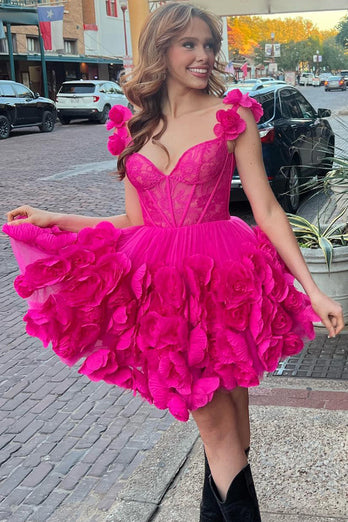 Fuchsia Spaghetti Straps Corset Homecoming Dress with Flower Ruffles