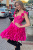 Load image into Gallery viewer, Fuchsia Spaghetti Straps Corset Homecoming Dress with Flower Ruffles