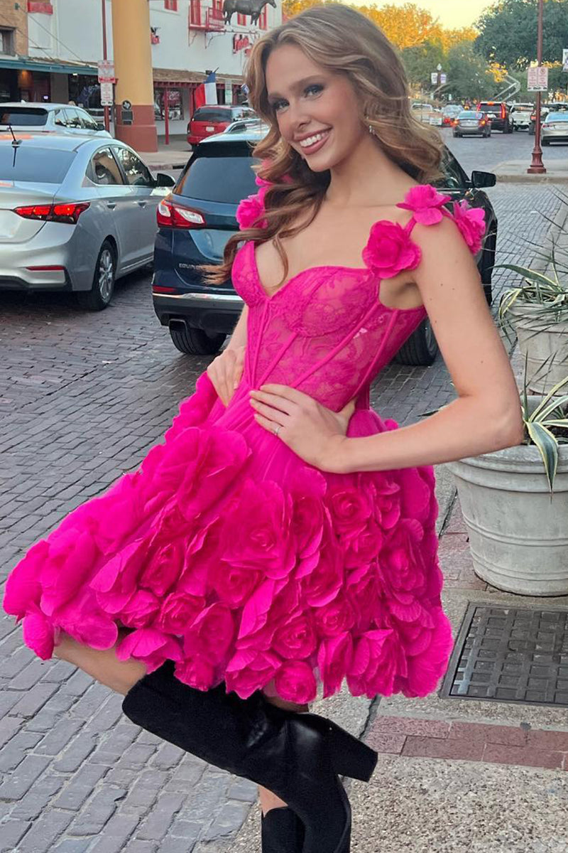 Load image into Gallery viewer, Fuchsia Spaghetti Straps Corset Homecoming Dress with Flower Ruffles