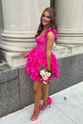 Fuchsia Spaghetti Straps Corset Homecoming Dress with Flower Ruffles