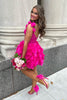 Load image into Gallery viewer, Fuchsia Spaghetti Straps Corset Homecoming Dress with Flower Ruffles