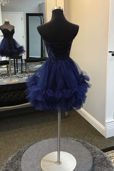 Sparkly A-Line Navy Sweetheart Short Homecoming Dress with Ruffles