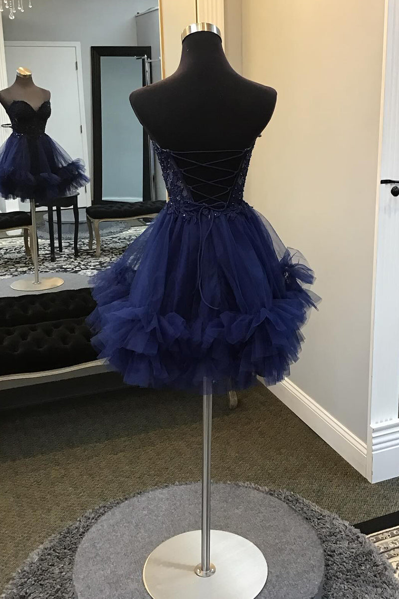 Load image into Gallery viewer, Sparkly A-Line Navy Sweetheart Short Homecoming Dress with Ruffles