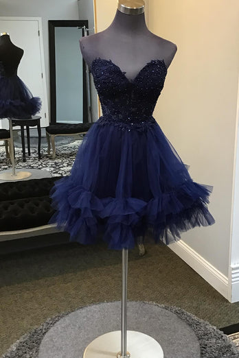 Sparkly A-Line Navy Sweetheart Short Homecoming Dress with Ruffles