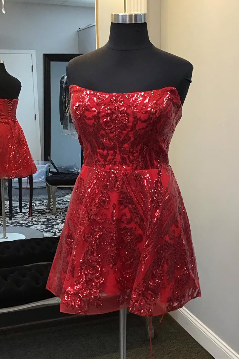 Load image into Gallery viewer, Sparkly A-Line Red Bateau Neck Short Homecoming Dress