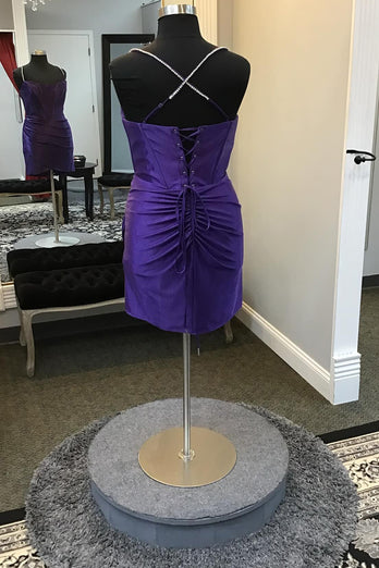 Spaghetti Straps Dark Purple Tight Corset Short Homecoming Dress