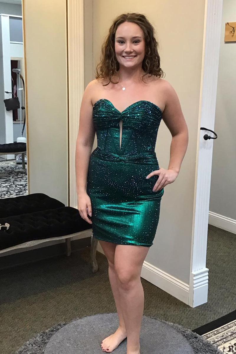 Load image into Gallery viewer, Sparkly Dark Green Strapless Tight Corset Short Homecoming Dress