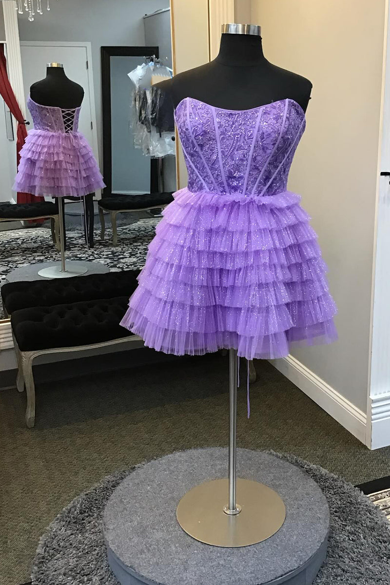 Load image into Gallery viewer, Sparkly A-Line Purple Strapless Corset Short Homecoming Dress