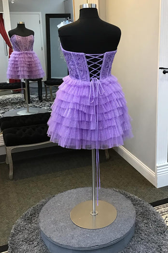 Sparkly A-Line Purple Strapless Corset Short Homecoming Dress