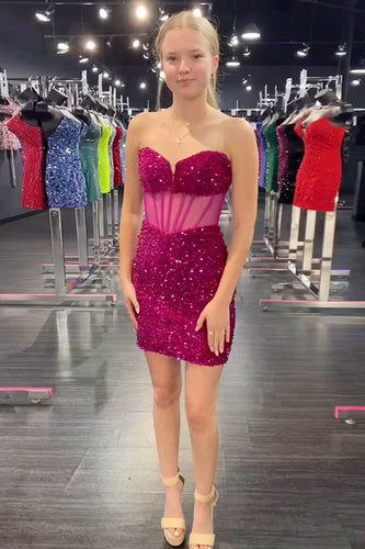 Strapless Fuchsia Tight Corset Short Homecoming Dress with Sequins