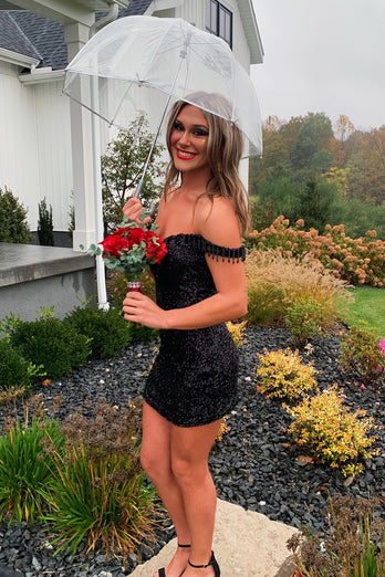 Sparkly Black Off The Shoulder Tight Short Homecoming Dress