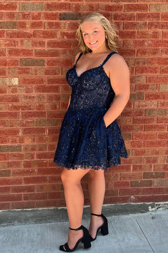 Sparkly A-Line Navy Spaghetti Straps Corset Short Homecoming Dress