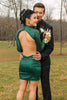 Load image into Gallery viewer, Sparkly Dark Green Tight Short Homecoming Dress with Long Sleeves