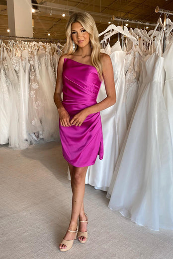 Fuchsia Strapless Tight Ruched Short Homecoming Dress with Slit